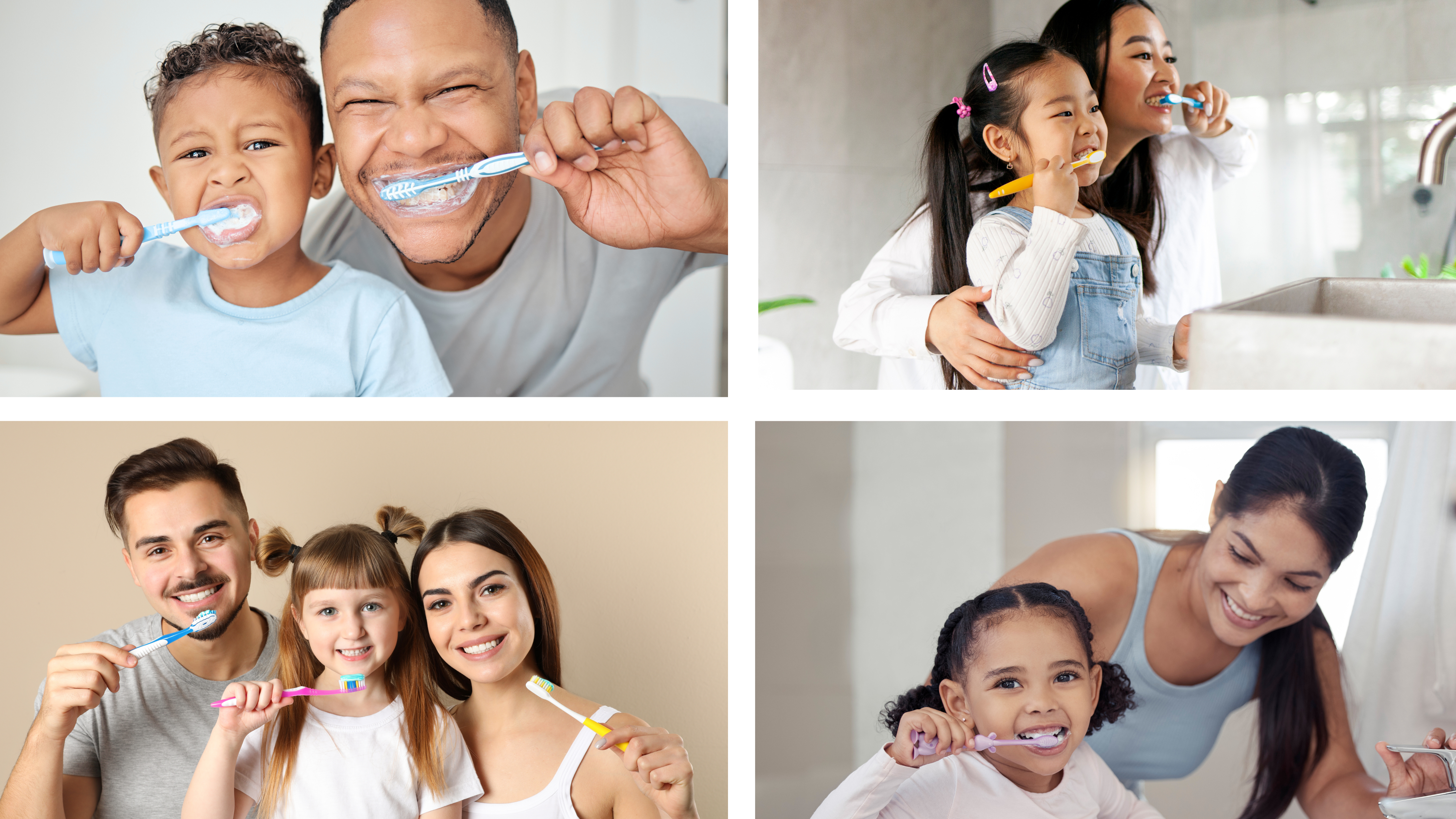 Four different photos of parents brushing their teeth with their kids.