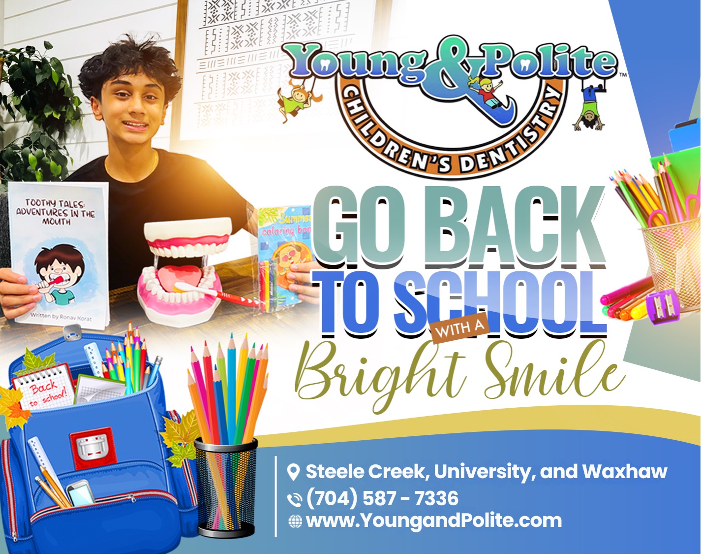 A colorful back to school ad featuring a young child holding a book.